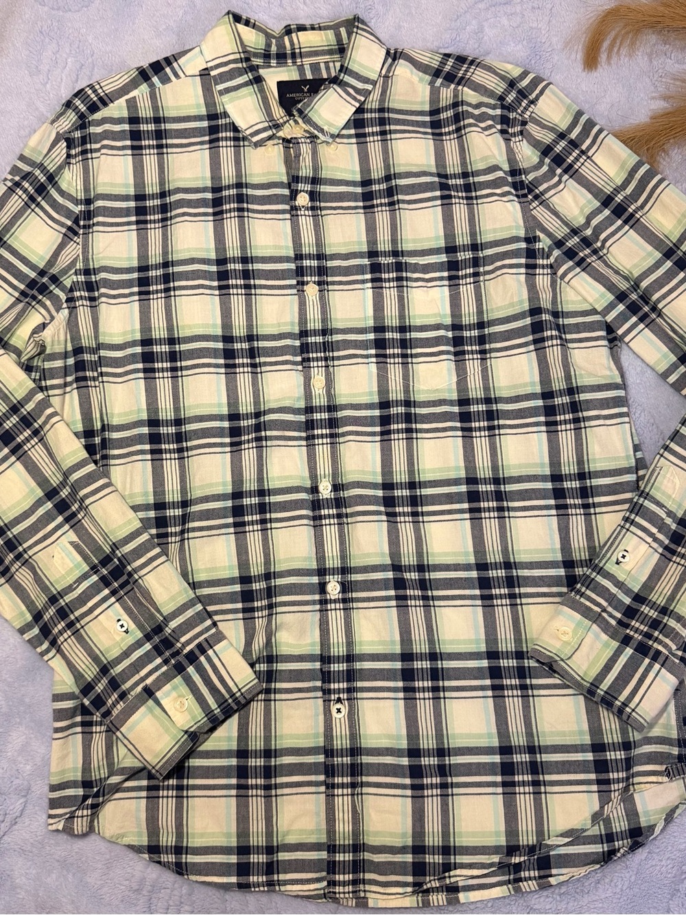American Eagle Outfitters Plaid Button-Down Shirt in White, Navy & Light Green